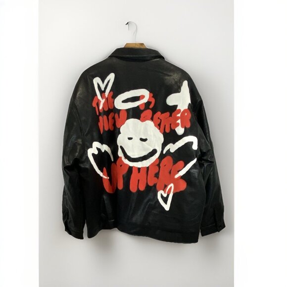 JAXXON Podcast Black The View Is Better Up Here Faux PU Graffiti Jacket Sz XL - Picture 3 of 6